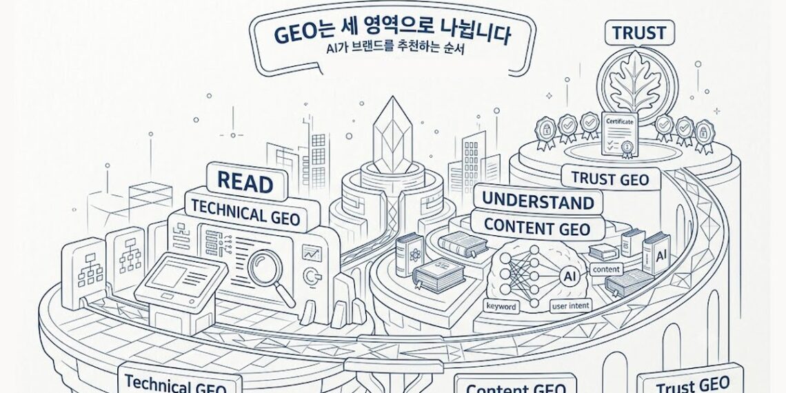 GEO의 세 영역을 순서대로 보여주는 일러스트. 왼쪽부터 AI가 브랜드를 읽는 단계인 Technical GEO, 이해하는 단계인 Content GEO, 신뢰하는 단계인 Trust GEO로 이어진다.